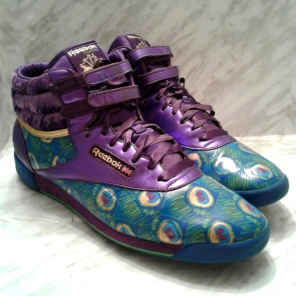 Reebok Classic Purple Metallic Velour mythology Peacock Print womens 12 men 10.5 - Picture 4 of 7